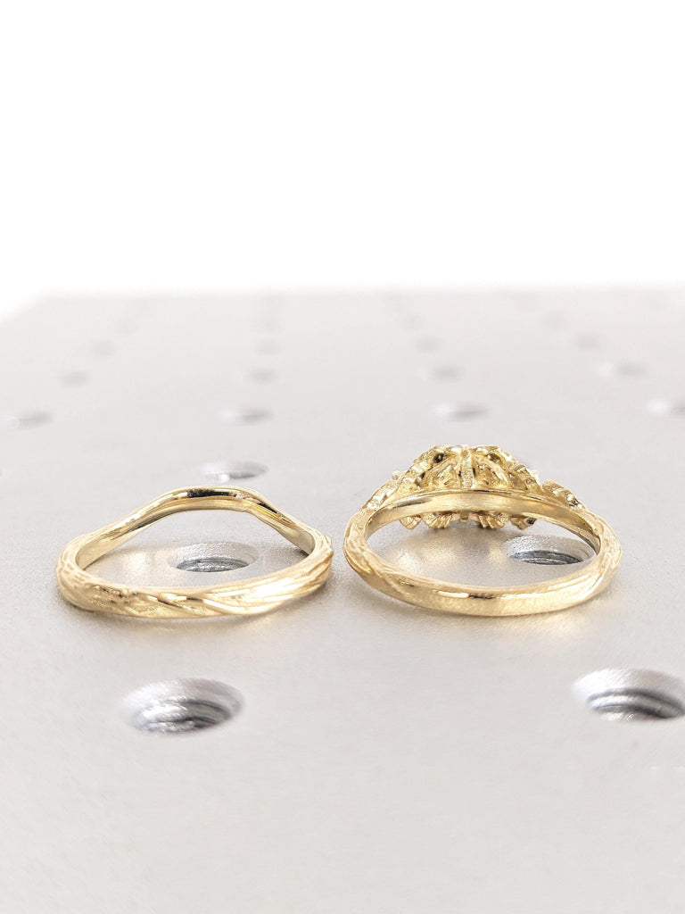 Nature Inspired Ring, 18k Gold Engagement Ring Set, Lab Diamond, Teal Sapphire Ring, Tree Bark Matching Ring, Anniversary Ring, Gift for Her