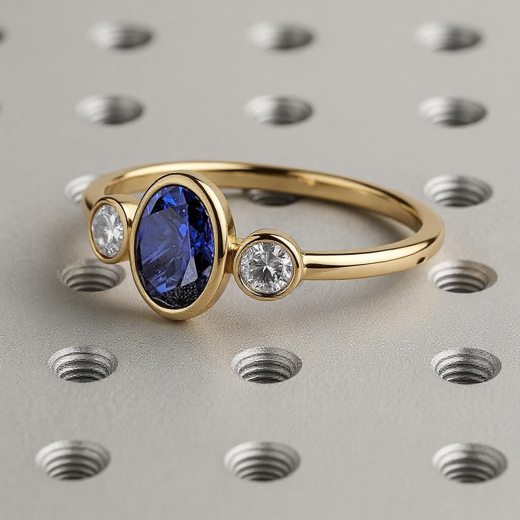 Lab Grown Blue Sapphire Engagement Ring 14K Gold, Oval Bezel Set Lab Sapphire Ring, Three Stone Ring, September Birthstone Anniversary Ring