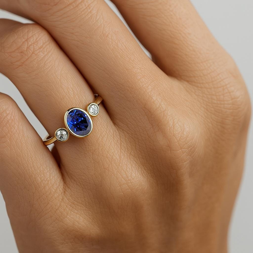 Lab Grown Blue Sapphire Engagement Ring in 14K Yellow Gold, Oval Bezel Set Lab Sapphire Ring, Three Stone Ring, September Birthstone Anniversary Ring
