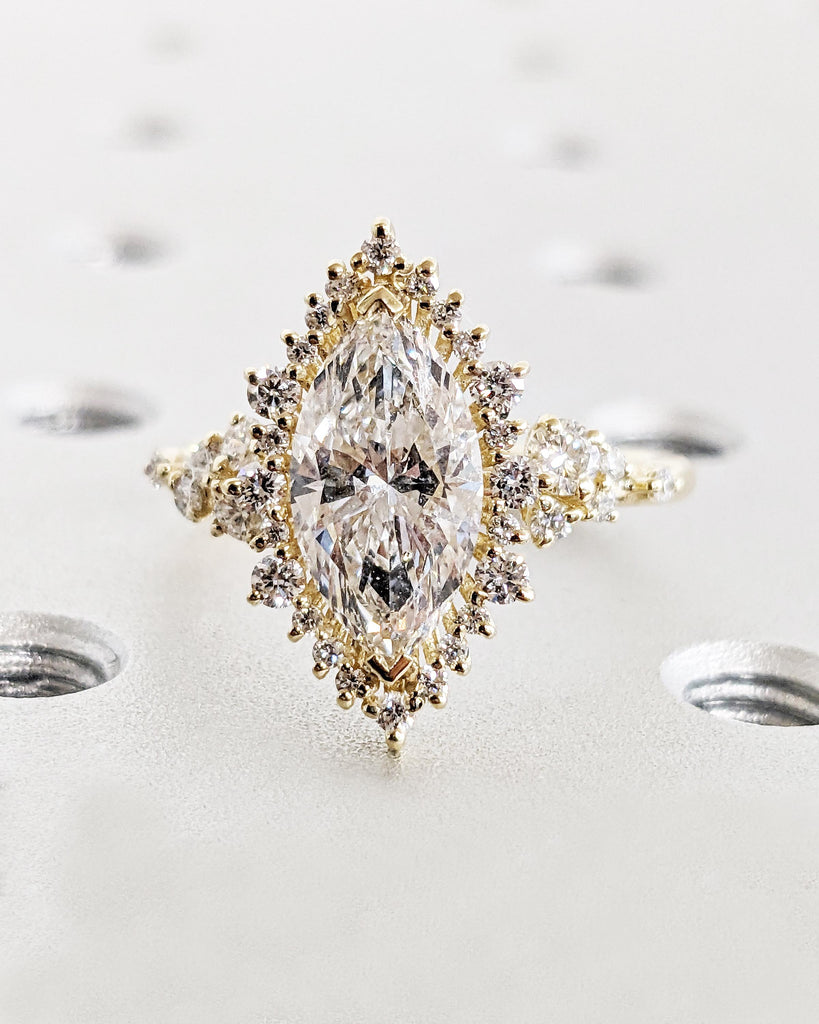 14K Yellow Gold Sunburst Diamond Halo Engagement Ring, Lab Created Diamond Cluster Ring, Marquise & Round cut Simulated Diamond Band Vintage image #1