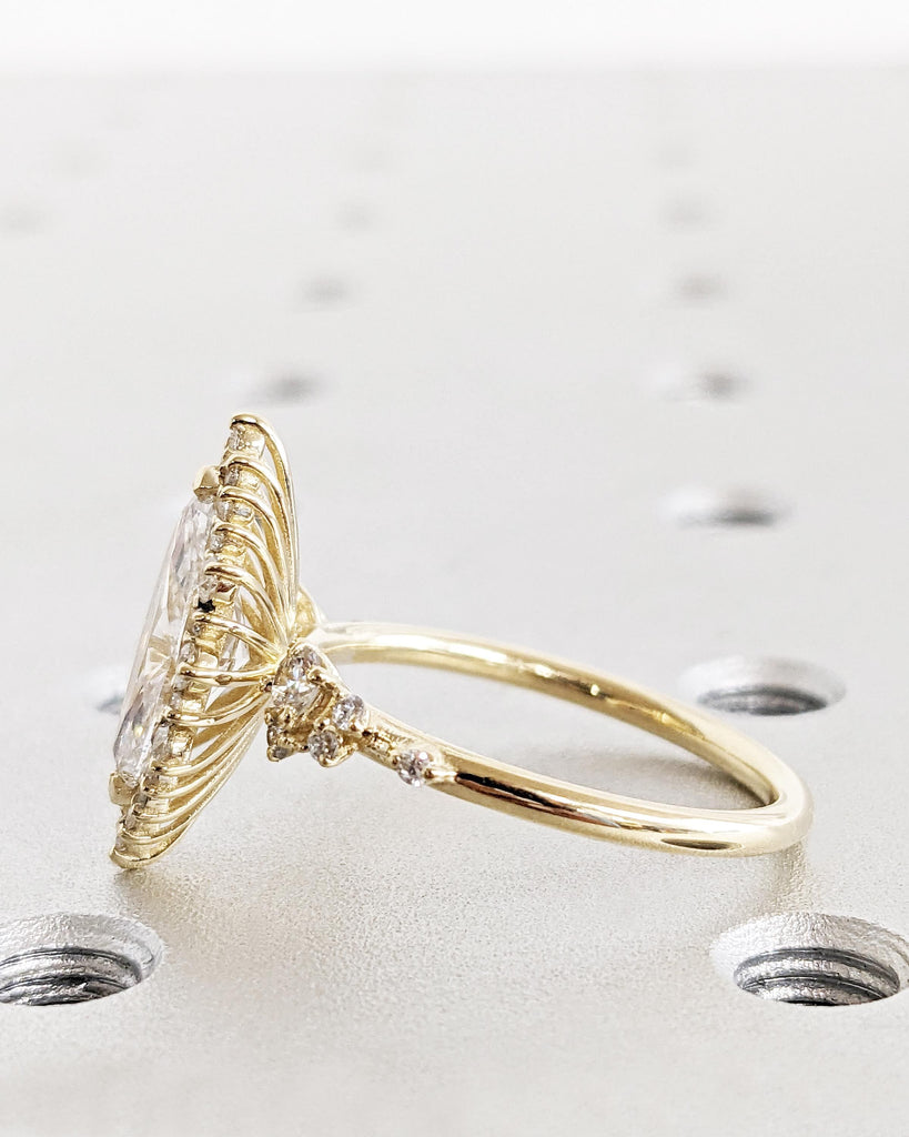14K Yellow Gold Sunburst Diamond Halo Engagement Ring, Lab Created Diamond Cluster Ring, Marquise & Round cut Simulated Diamond Band Vintage image #3