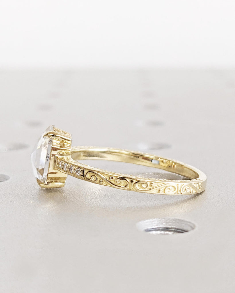 Vintage Lab Grown Diamond Engagement Ring, Hexagon Cut Lab Diamond Ring, 14K Yellow Gold Rose Cut Solitaire Filigree Engraving Wedding Band
