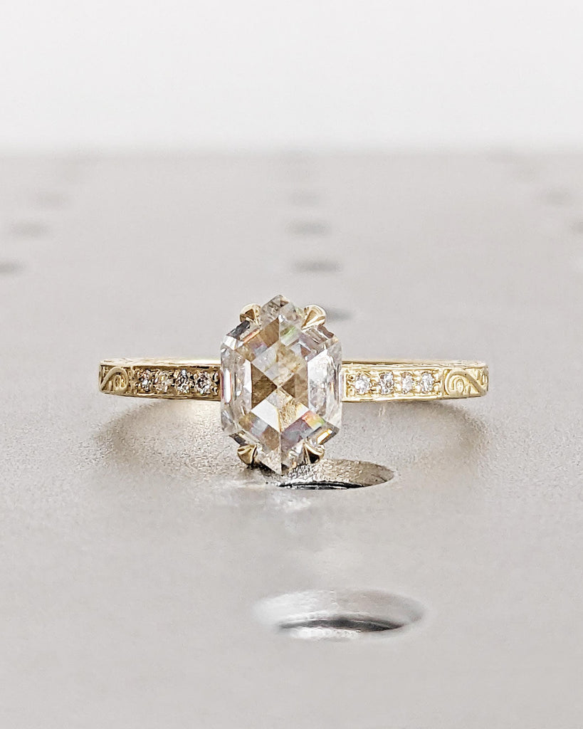 Vintage Moissanite Engagement Ring, Hexagon Cut Moissanite Promise Ring, 14K Yellow Gold Rose Cut Solitaire Filigree Engraving Wedding Band