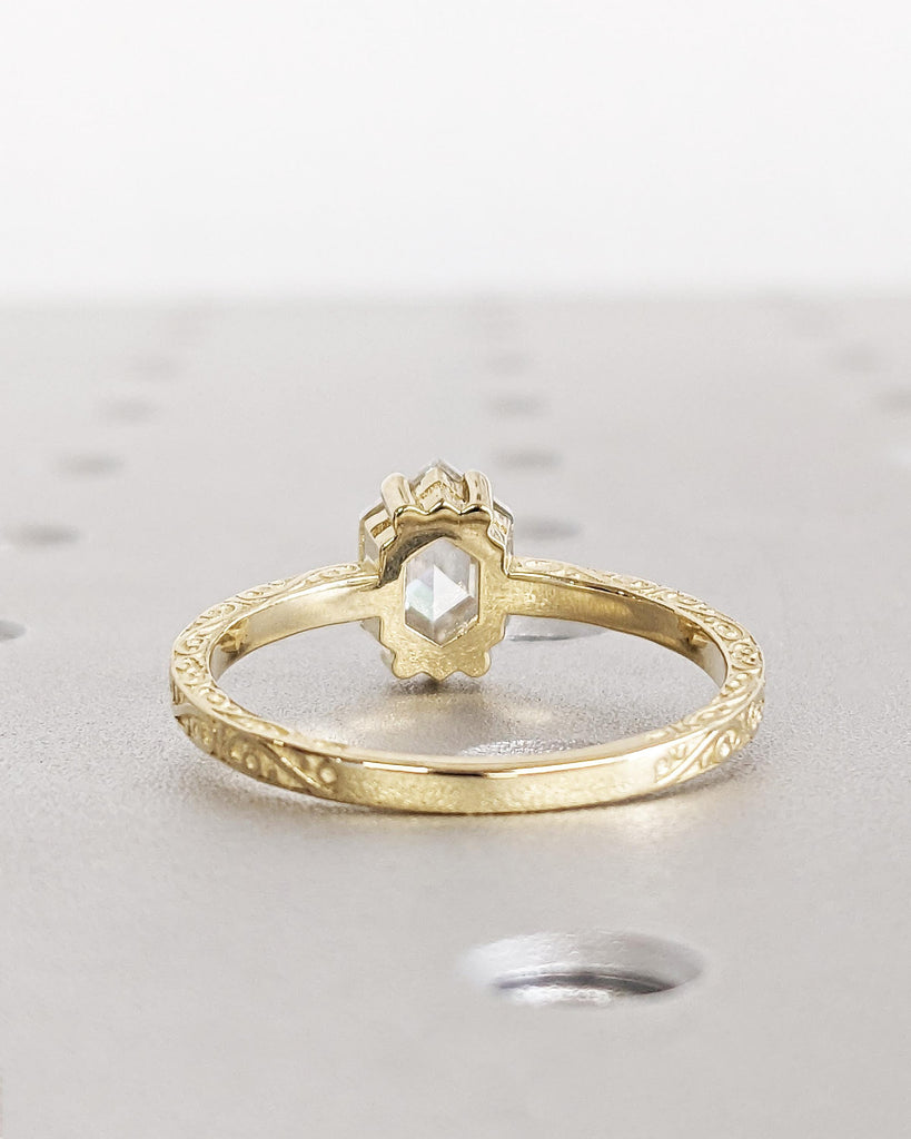 Vintage Moissanite Engagement Ring, Hexagon Cut Moissanite Promise Ring, 14K Yellow Gold Rose Cut Solitaire Filigree Engraving Wedding Band