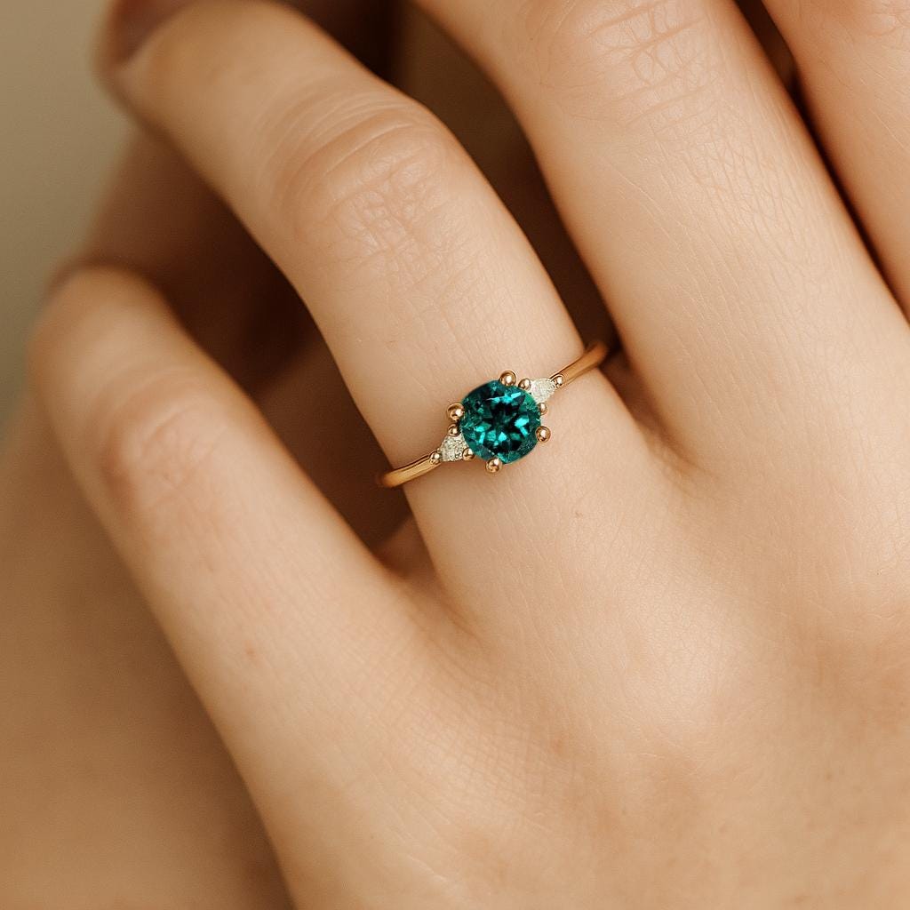 Lab Emerald and Diamond Engagement Ring, Round Green Emerald Ring