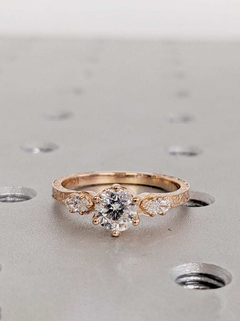 Round and Marquise Lab Grown Diamond Engagement Ring, Three Stone Ring, Art Deco Wedding Ring, Lab Grown Diamond Ring, 14K Rose Gold Ring image #9