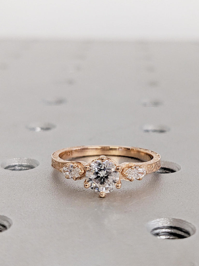 Round and Marquise Lab Grown Diamond Engagement Ring, Three Stone Ring, Art Deco Wedding Ring, Lab Grown Diamond Ring, 14K Rose Gold Ring image #3