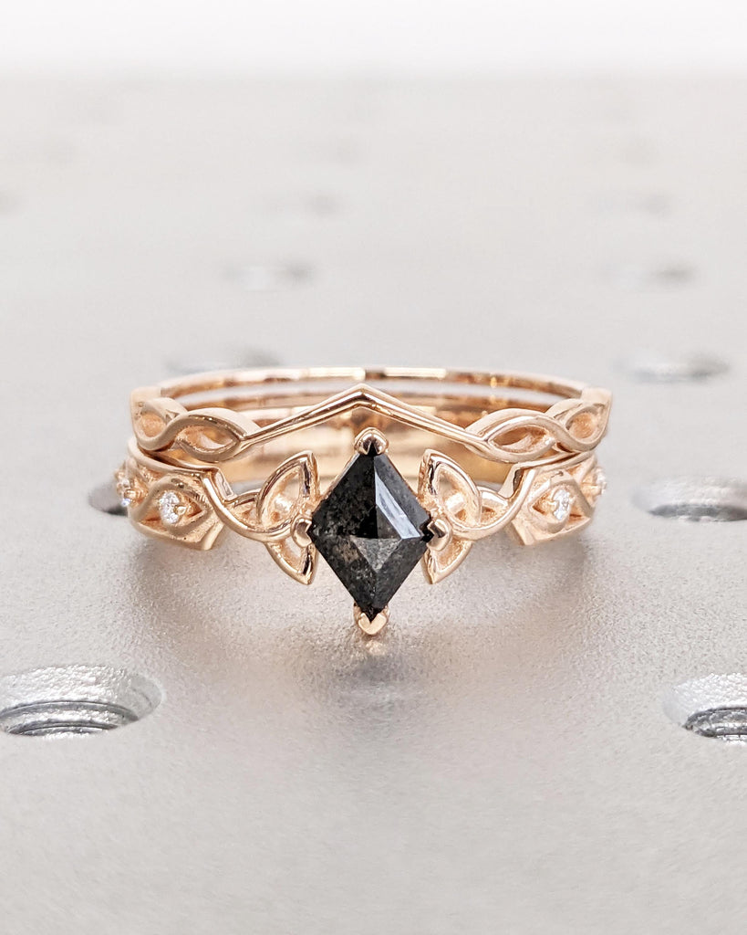 Unique Kite Diamond Vintage Celtic Engagement Ring Bridal Set, Salt And Pepper Diamond Kite Shaped Set, Twisted Engagement Ring Bridal Set