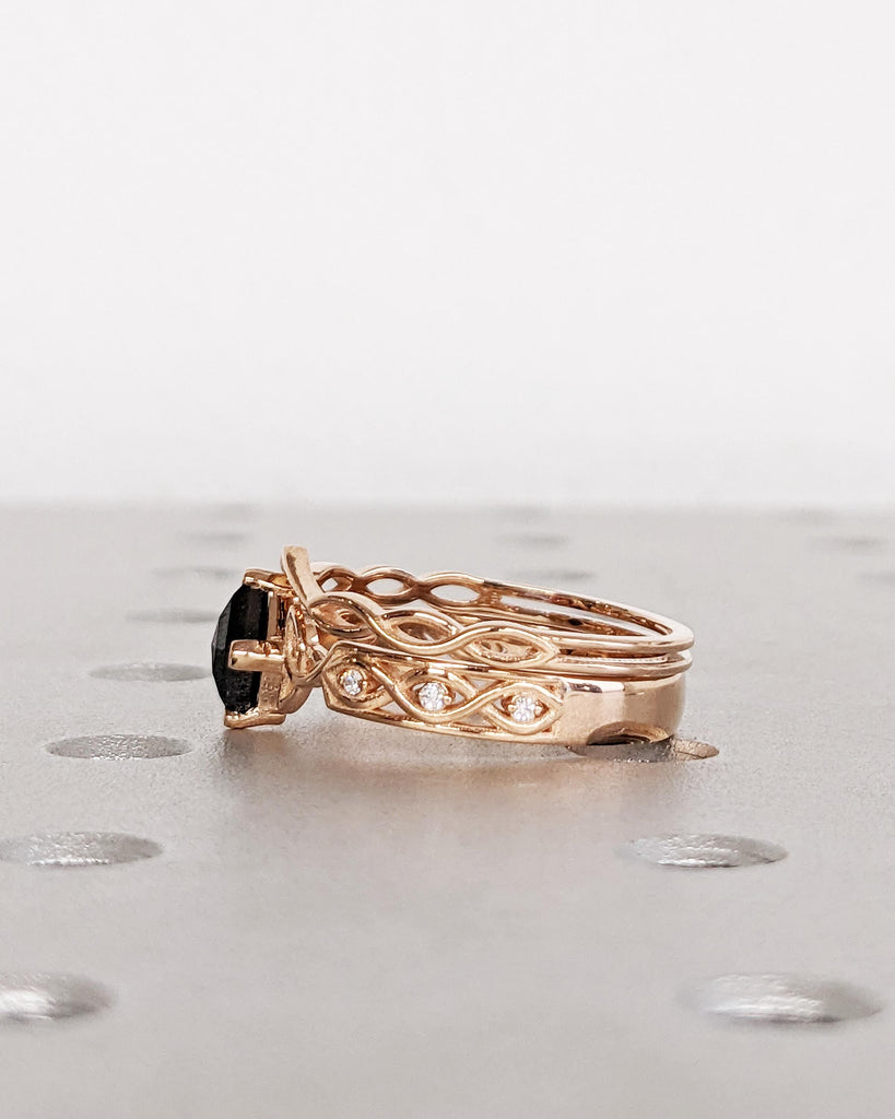 Unique Kite Diamond Vintage Celtic Engagement Ring Bridal Set, Salt And Pepper Diamond Kite Shaped Set, Twisted Engagement Ring Bridal Set