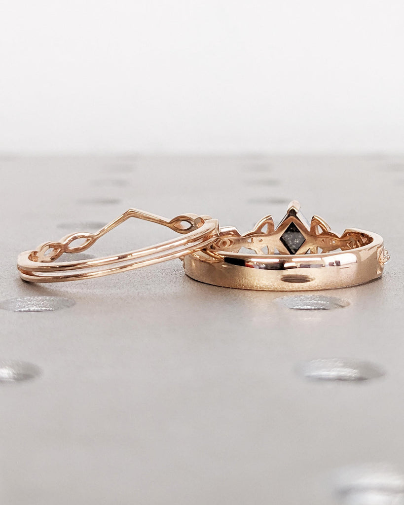 14K Rose Gold Celtic Knot Engagement Ring Set | Salt and Pepper Diamond Ring Kite Cut Diamond Ring | Unique Geometric Celtic Bridal Ring Set