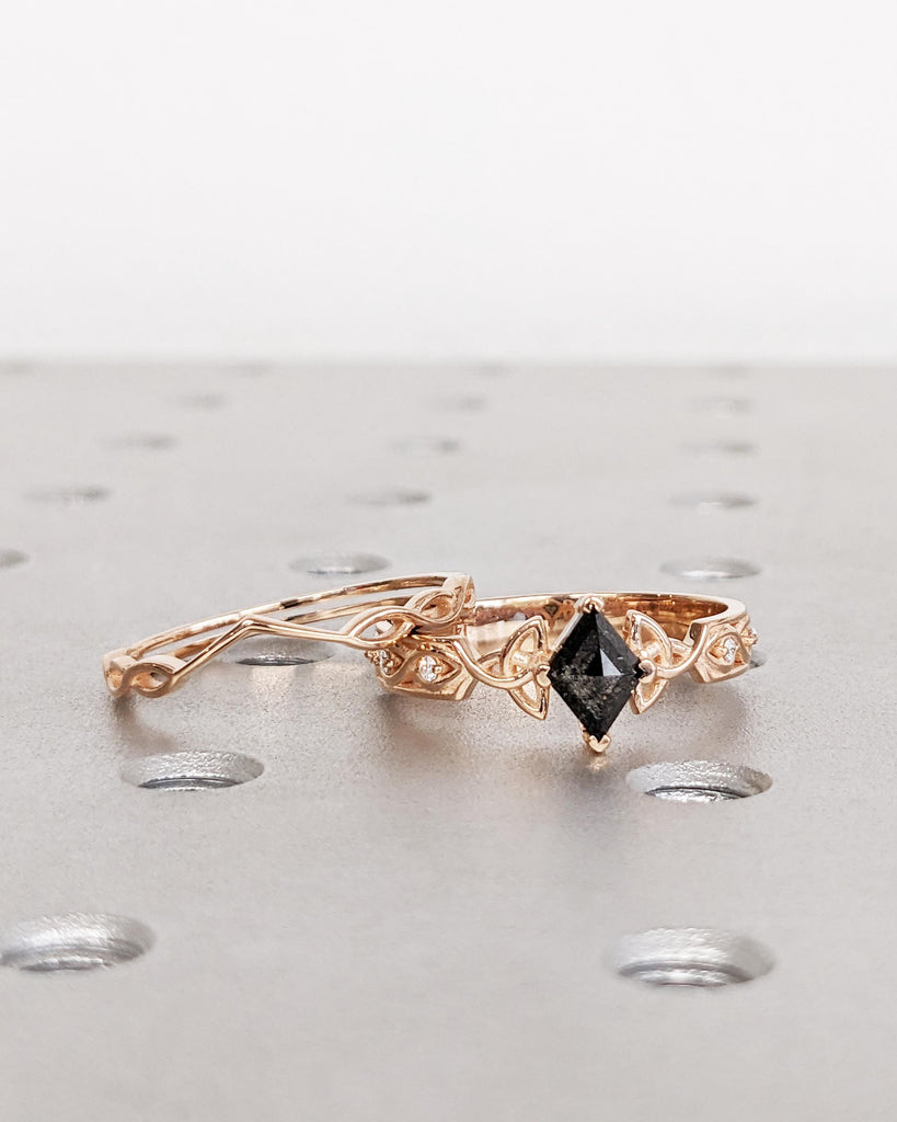 Unique Kite Diamond Vintage Celtic Engagement Ring Bridal Set, Salt And Pepper Diamond Kite Shaped Set, Twisted Engagement Ring Bridal Set