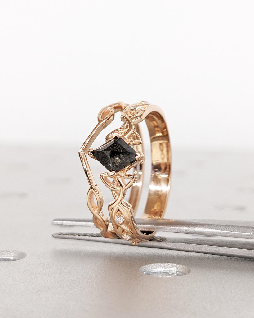 Unique Kite Diamond Vintage Celtic Engagement Ring Bridal Set, Salt And Pepper Diamond Kite Shaped Set, Twisted Engagement Ring Bridal Set