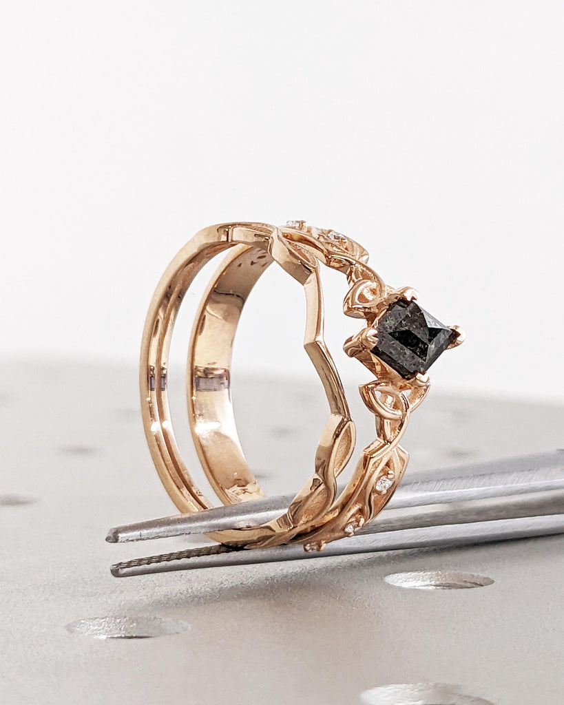 14K Rose Gold Celtic Knot Engagement Ring Set | Salt and Pepper Diamond Ring Kite Cut Diamond Ring | Unique Geometric Celtic Bridal Ring Set