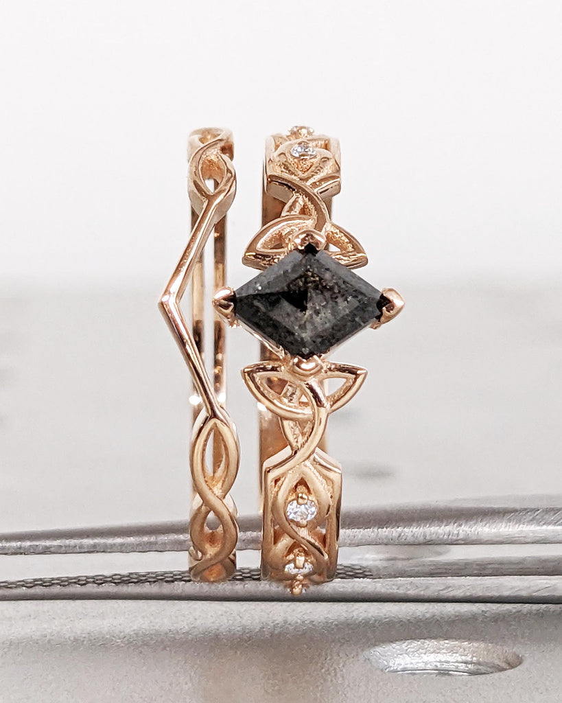 Unique Kite Diamond Vintage Celtic Engagement Ring Bridal Set, Salt And Pepper Diamond Kite Shaped Set, Twisted Engagement Ring Bridal Set