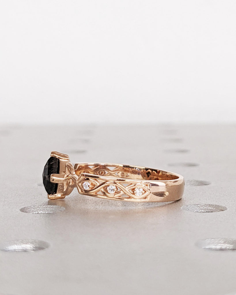 Unique Kite Diamond Vintage Celtic Engagement Ring Bridal Set, Salt And Pepper Diamond Kite Shaped Set, Twisted Engagement Ring Bridal Set
