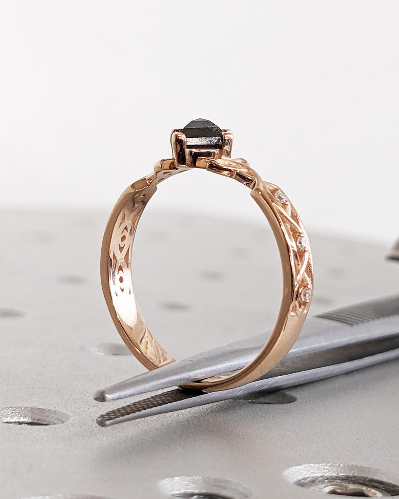 14K Rose Gold Celtic Knot Ring, Salt and Pepper Diamond Engagement Ring, Geometric Kite Cut Diamond Ring, Unique Celtic Promise Ring for Her