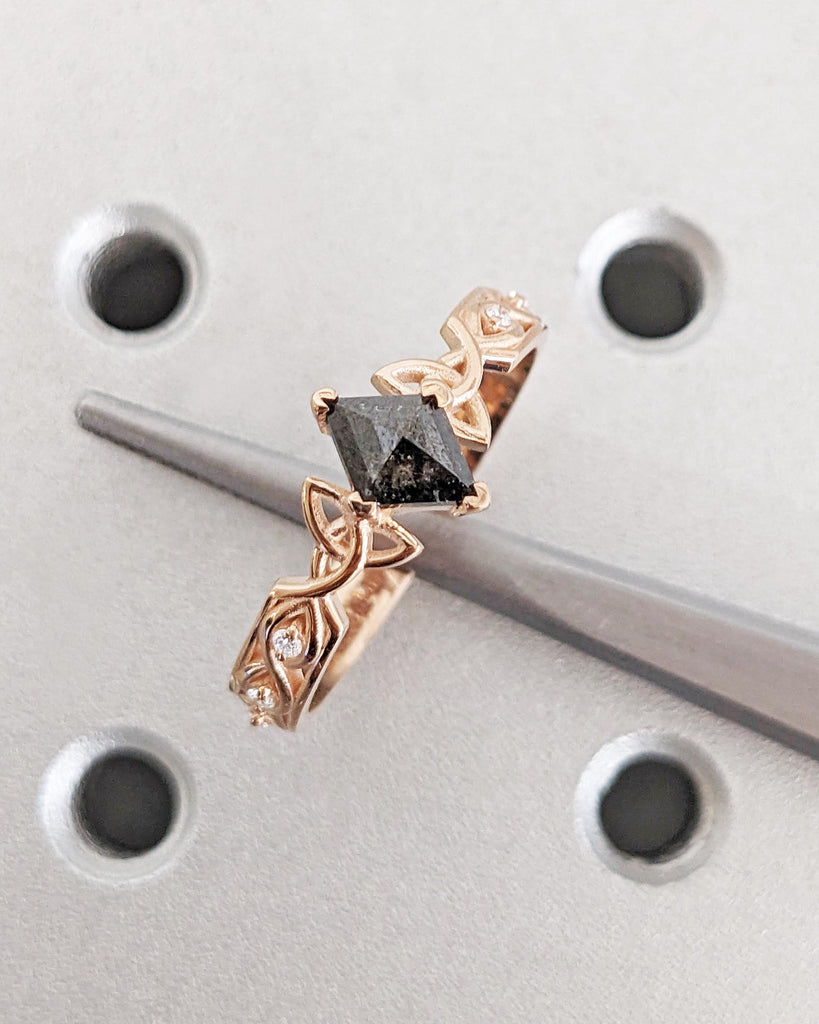 Unique Kite Diamond Vintage Celtic Engagement Ring Bridal Set, Salt And Pepper Diamond Kite Shaped Set, Twisted Engagement Ring Bridal Set