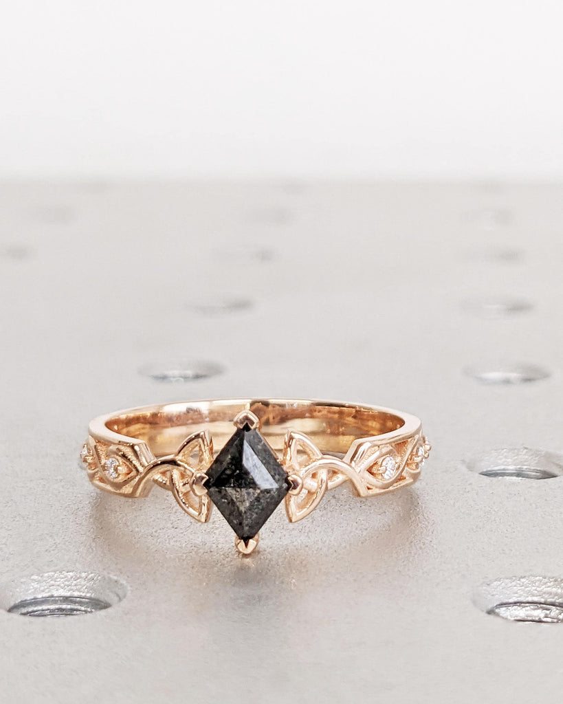14K Rose Gold Celtic Knot Ring, Salt and Pepper Diamond Engagement Ring, Geometric Kite Cut Diamond Ring, Unique Celtic Promise Ring for Her