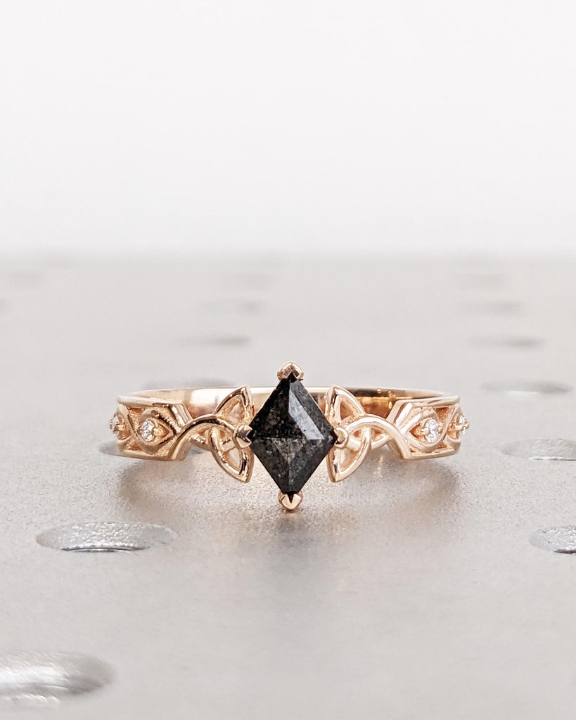 Unique Kite Diamond Vintage Celtic Engagement Ring Bridal Set, Salt And Pepper Diamond Kite Shaped Set, Twisted Engagement Ring Bridal Set