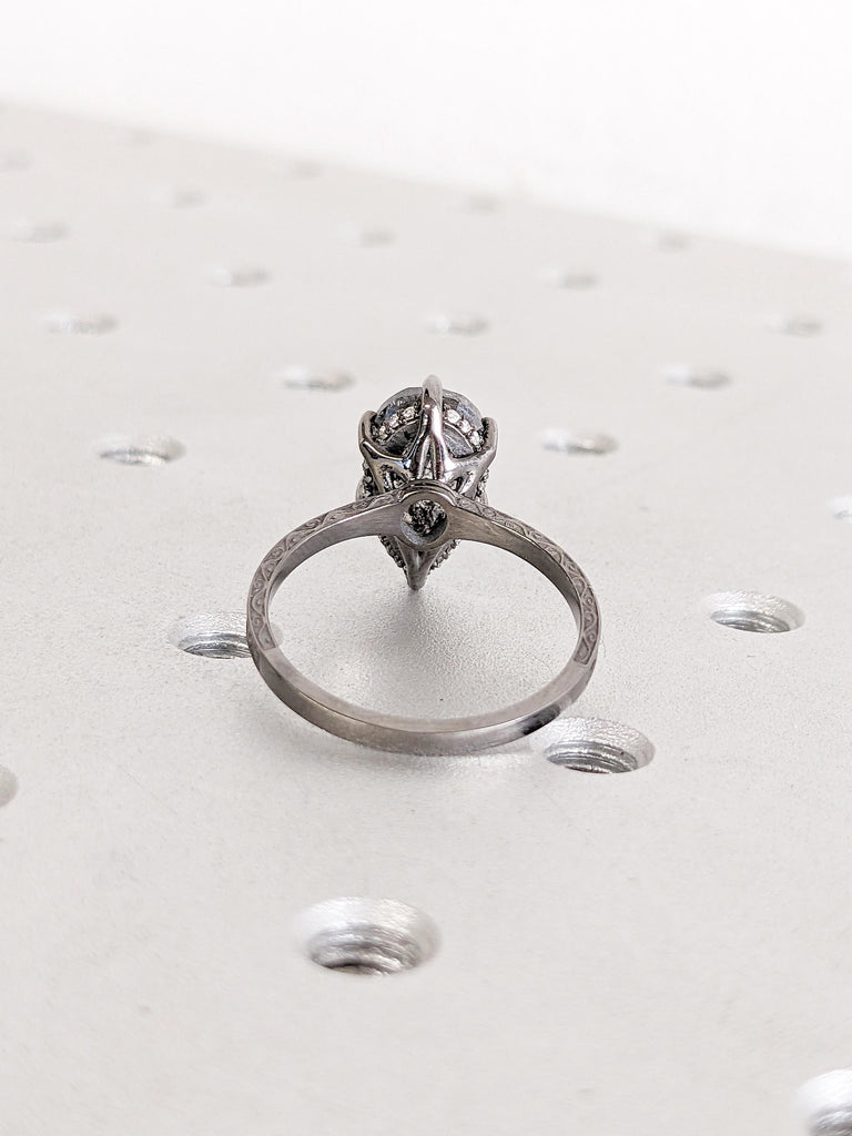Hidden Halo Engagement Ring, Pear Cut Salt and Pepper Diamond Wedding Ring, 14k Gold Ring, Gift for Wife, Filigree Ring, Gold Statement Ring