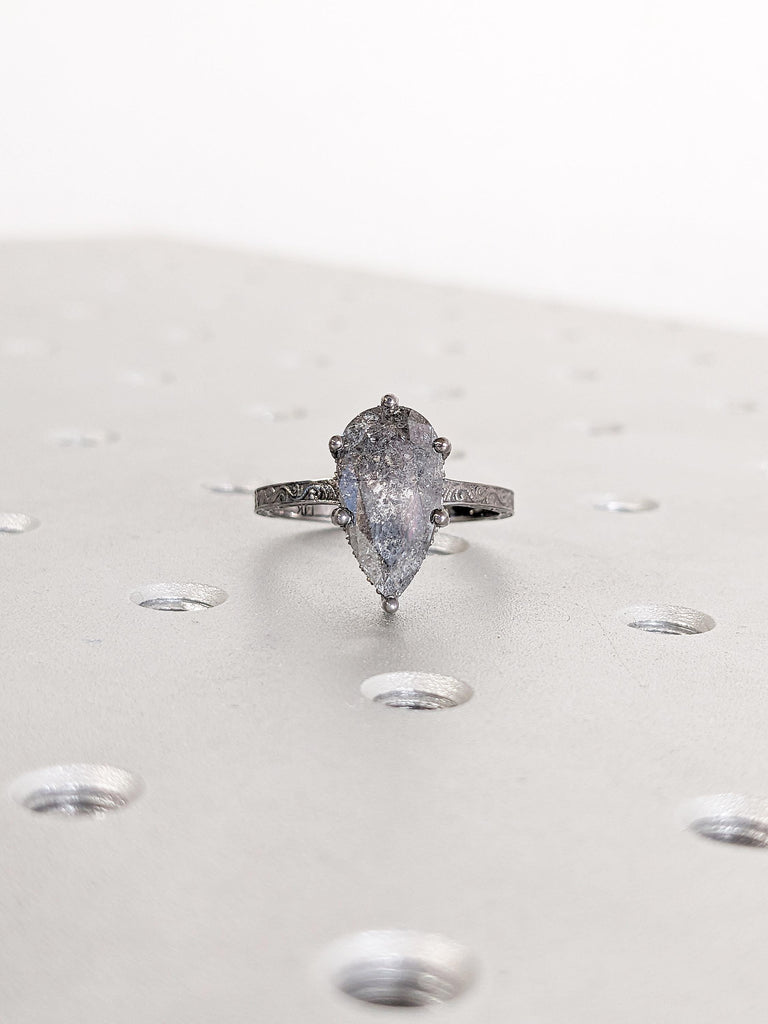 Hidden Halo Engagement Ring, Pear Cut Salt and Pepper Diamond Wedding Ring, 14k Gold Ring, Gift for Wife, Filigree Ring, Gold Statement Ring
