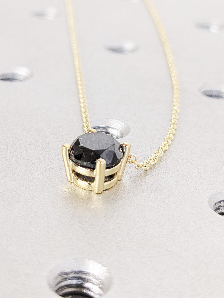 Salt & Pepper Diamond Necklace, 14k Solid Yellow Gold Diamond Necklace, Dainty Bridal Solitaire Necklace, Cosmic Necklace, Vintage Pendant