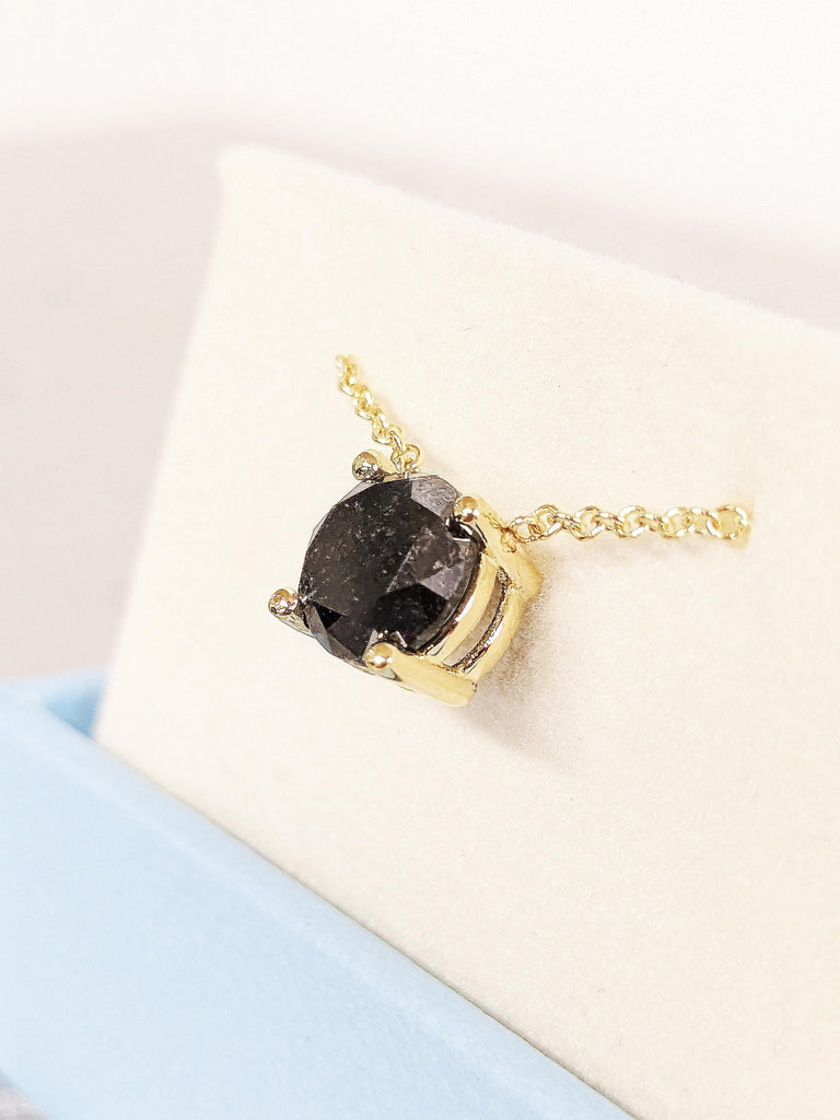 Salt & Pepper Diamond Necklace, 14k Solid Yellow Gold Diamond Necklace, Dainty Bridal Solitaire Necklace, Cosmic Necklace, Vintage Pendant
