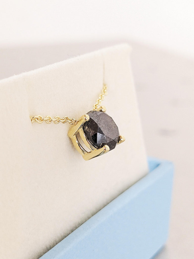 Salt & Pepper Diamond Necklace, 14k Solid Yellow Gold Diamond Necklace, Dainty Bridal Solitaire Necklace, Cosmic Necklace, Vintage Pendant