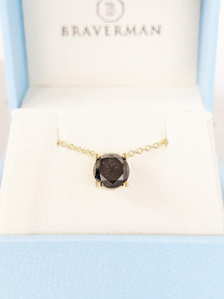Salt & Pepper Diamond Necklace, 14k Solid Yellow Gold Diamond Necklace, Dainty Bridal Solitaire Necklace, Cosmic Necklace, Vintage Pendant