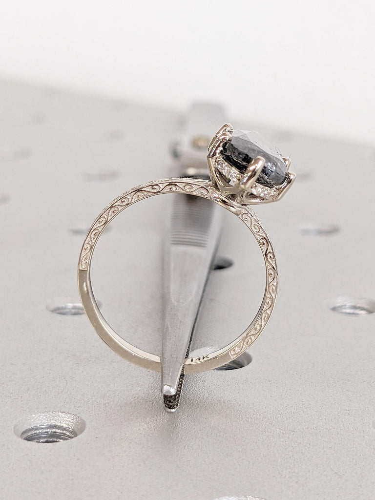 Pear Shaped Engagement Ring, 14k Gold Ring, Salt and Pepper Diamond Filigree Ring, Handmade Rings, Vintage Style Ring, Promise Ring for Her