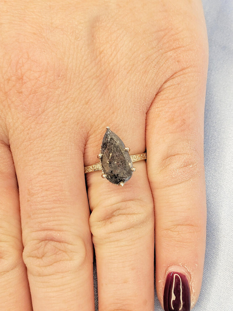 Pear Shaped Engagement Ring, 14k Gold Ring, Salt and Pepper Diamond Filigree Ring, Handmade Rings, Vintage Style Ring, Promise Ring for Her