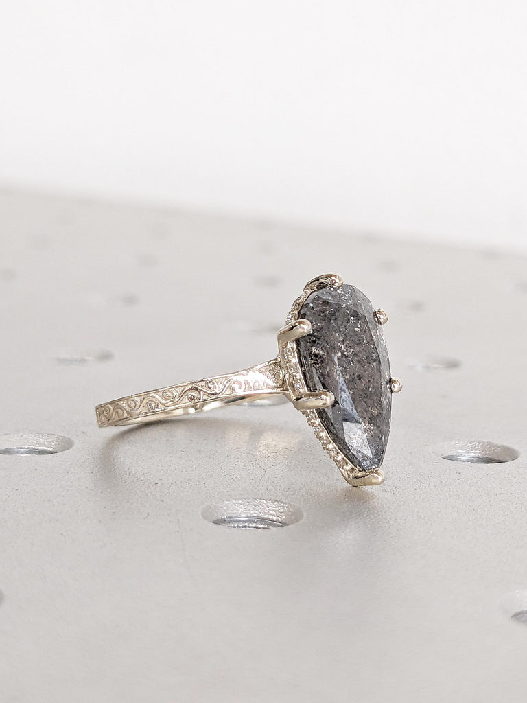 Pear Shaped Engagement Ring, 14k Gold Ring, Salt and Pepper Diamond Filigree Ring, Handmade Rings, Vintage Style Ring, Promise Ring for Her