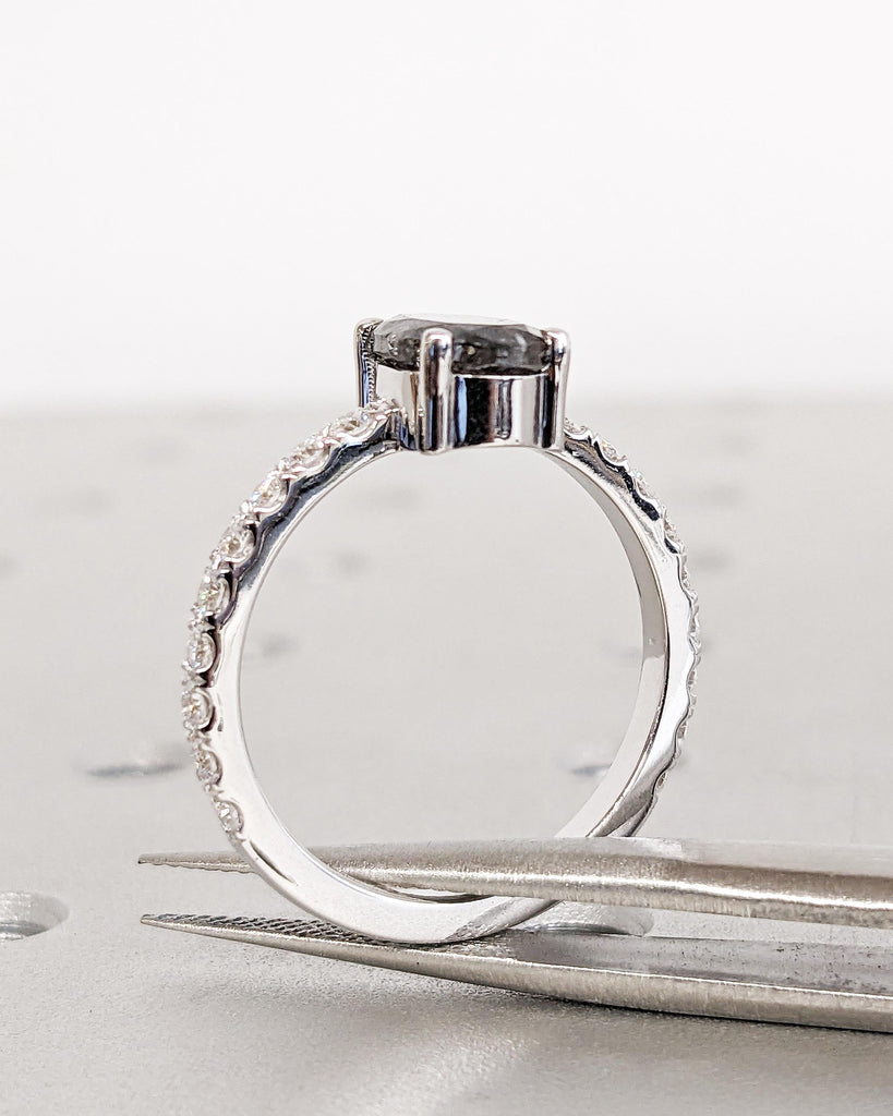 Oval Salt and Pepper Diamond Engagement Ring | Galaxy Salt and Pepper Diamond | Moissanite/Diamond Accent | Unique Promise Ring | White Gold