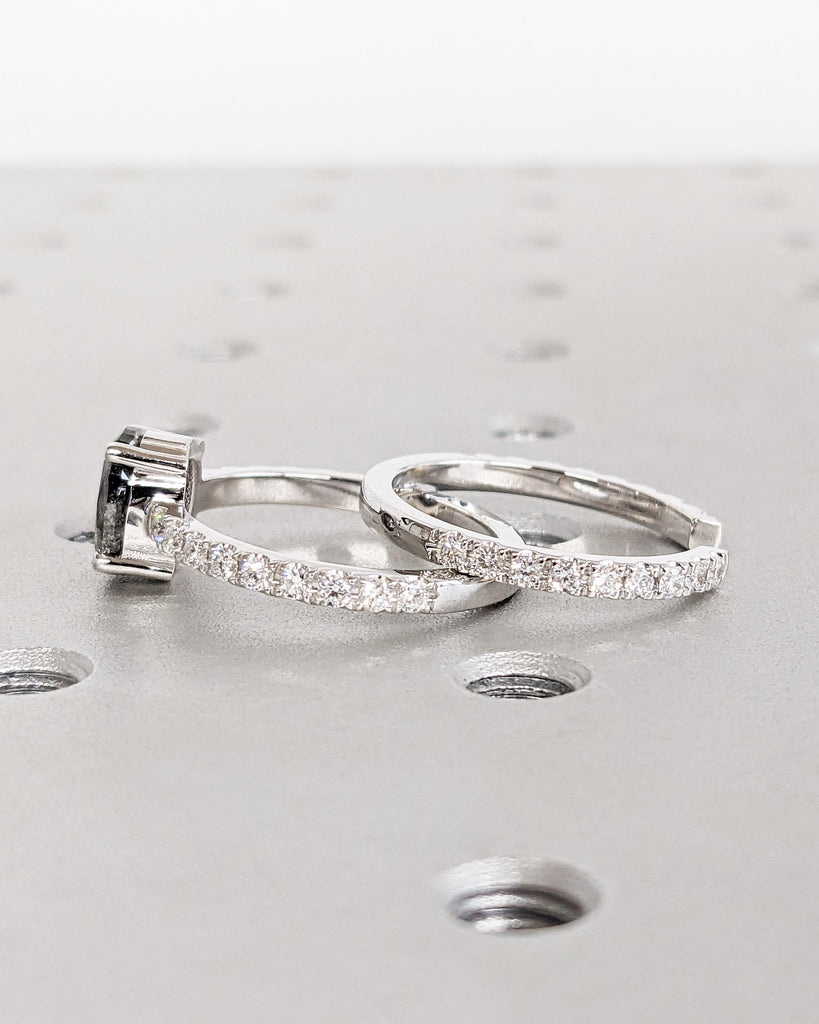 1920's Oval Salt and Pepper Diamond Ring Set, Unique Engagement Ring Set, Vintage Wedding Ring Set, 18K White Gold, Lab Diamond Wedding Band image #4