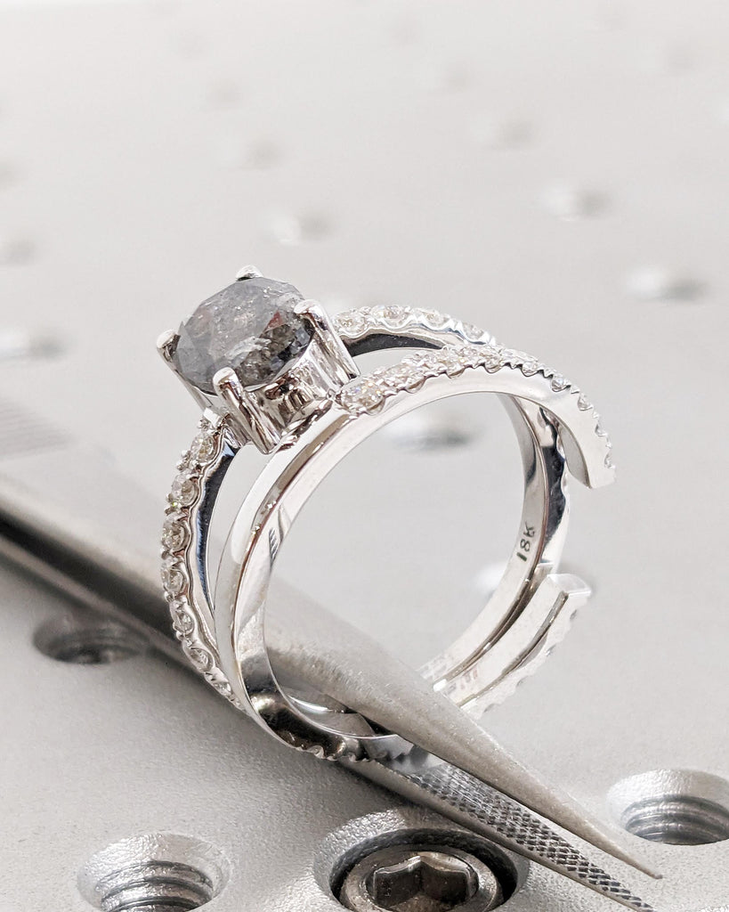 1920's Oval Salt and Pepper Diamond Ring Set, Unique Engagement Ring Set, Vintage Wedding Ring Set, 18K White Gold, Lab Diamond Wedding Band