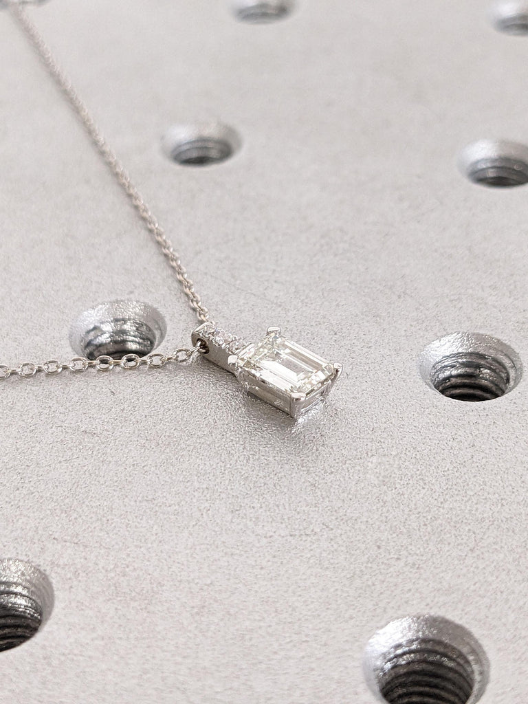 Emerald Cut Moissanite Solitaire Pendant Necklace | 14k White Gold Moissanite Necklaces for Women | Solid Gold Necklace | Bridal Jewelry