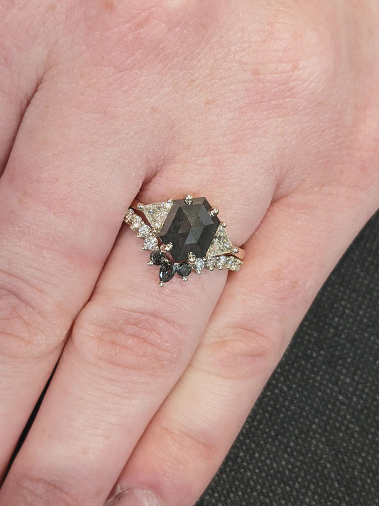 14K Solid White Gold Raw Salt and Pepper Geometric Diamond Bridal Ring Set, Hexagon Black Diamond Engagement Ring, Anniversary Gift for Her