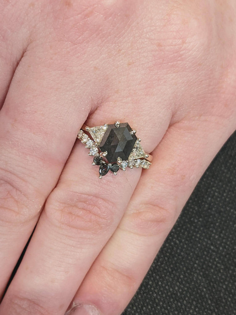 Raw Diamond Hexagon Cut Salt & Pepper Diamond Bridal Engagement Ring, 14K White Gold Geometric Ring Set, Custom Galaxy Diamond Stacking Ring