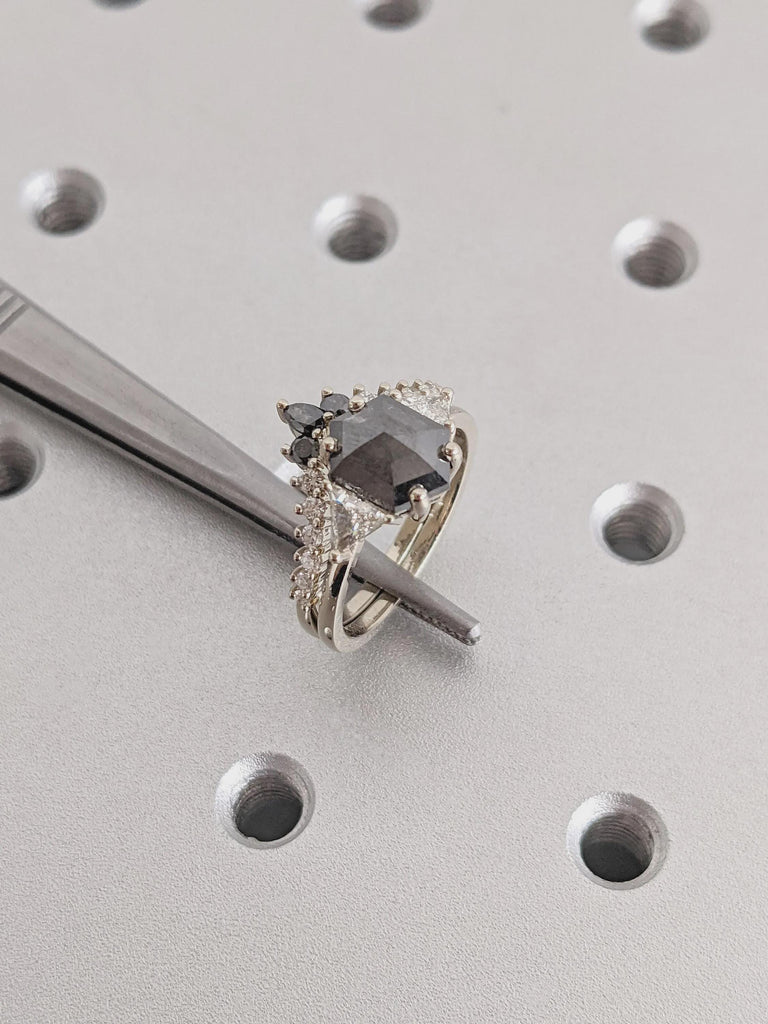 Raw Diamond Hexagon Cut Salt & Pepper Diamond Bridal Engagement Ring, 14K White Gold Geometric Ring Set, Custom Galaxy Diamond Stacking Ring
