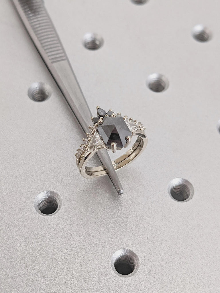Raw Diamond Hexagon Cut Salt & Pepper Diamond Bridal Engagement Ring, 14K White Gold Geometric Ring Set, Custom Galaxy Diamond Stacking Ring