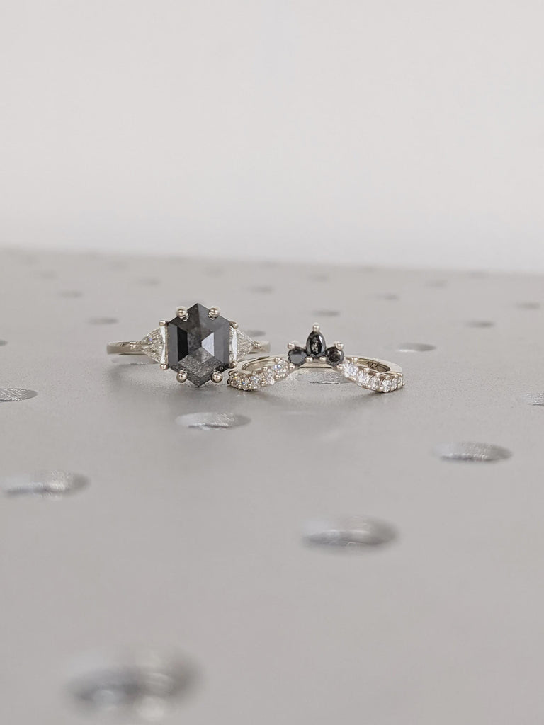 Raw Diamond Hexagon Cut Salt & Pepper Diamond Bridal Engagement Ring, 14K White Gold Geometric Ring Set, Custom Galaxy Diamond Stacking Ring