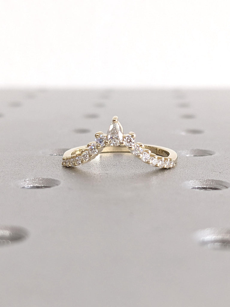 Pear, Round cut Moissanite Wedding Band | Vintage 14k Gold Diamond Curved Wedding Band | Cluster Stacking Matching Ring | Women Promise Ring