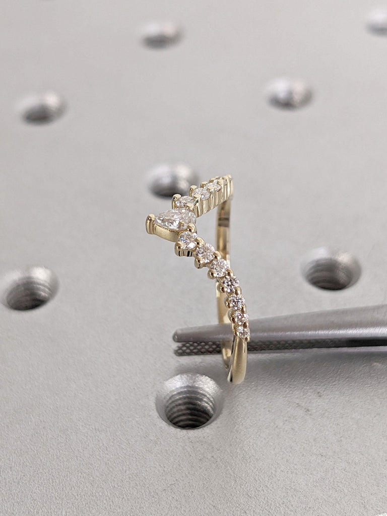 Pear, Round cut Moissanite Wedding Band | Vintage 14k Gold Diamond Curved Wedding Band | Cluster Stacking Matching Ring | Women Promise Ring