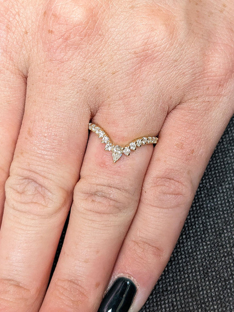 Pear, Round cut Moissanite Wedding Band | Vintage 14k Gold Diamond Curved Wedding Band | Cluster Stacking Matching Ring | Women Promise Ring