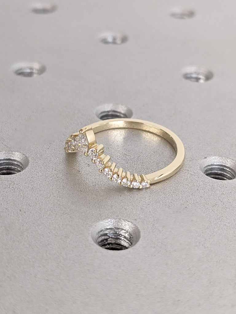 Pear, Round cut Moissanite Wedding Band | Vintage 14k Gold Diamond Curved Wedding Band | Cluster Stacking Matching Ring | Women Promise Ring