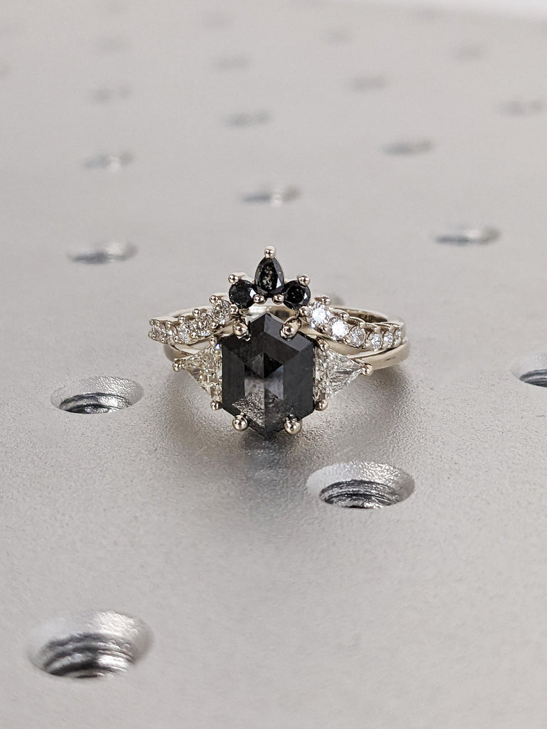 Raw Diamond Hexagon Cut Salt & Pepper Diamond Bridal Engagement Ring, 14K White Gold Geometric Ring Set, Custom Galaxy Diamond Stacking Ring