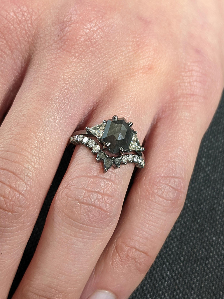 Unique Raw Diamond Hexagon Triangle Diamond Ring , 14K Black Gold Salt & Pepper Bridal Engagement Set, Geometric Black Diamond Wedding Ring