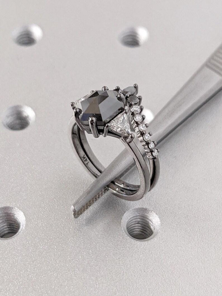 Unique Raw Diamond Hexagon Triangle Diamond Ring , 14K Black Gold Salt & Pepper Bridal Engagement Set, Geometric Black Diamond Wedding Ring