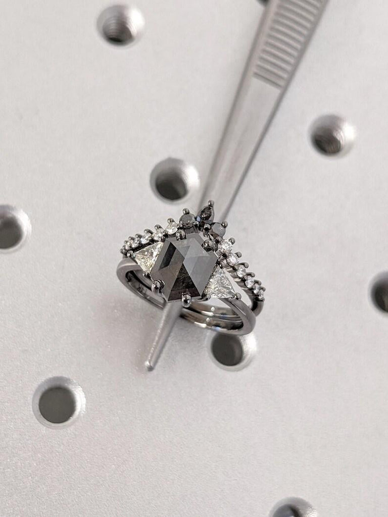 Unique Raw Diamond Hexagon Triangle Diamond Ring , 14K Black Gold Salt & Pepper Bridal Engagement Set, Geometric Black Diamond Wedding Ring