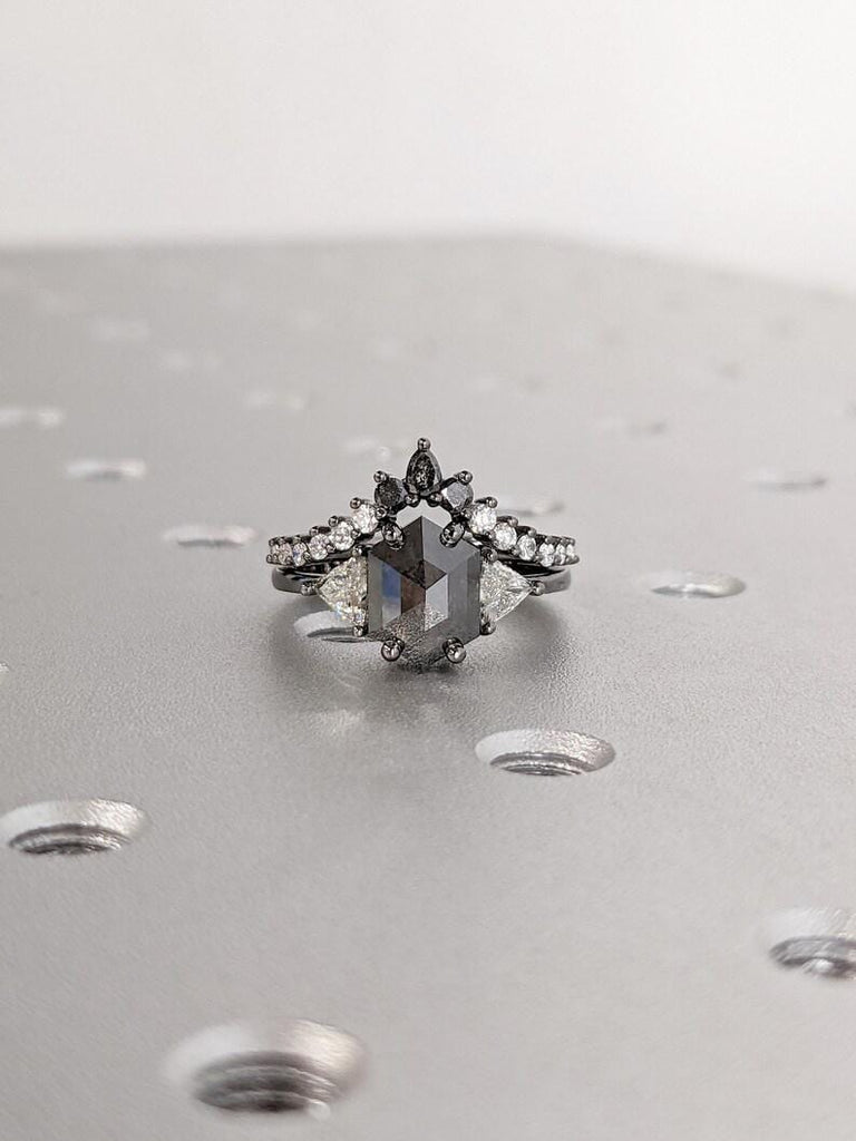 Unique Raw Diamond Hexagon Triangle Diamond Ring , 14K Black Gold Salt & Pepper Bridal Engagement Set, Geometric Black Diamond Wedding Ring